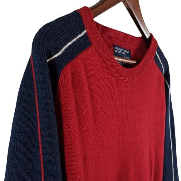 Vtg Wool American Eagle L Men's AE77 Performance Sweater Red Blue Sleeve Stripe - Picture 3 of 10